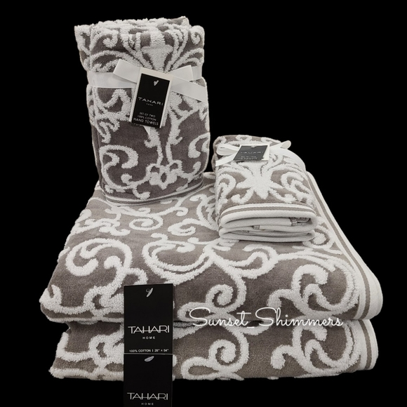 Tahari Other - 6pc TAHARI Gray & White Scroll Damask Luxury Plush Bath Hand Tip Towel Set New